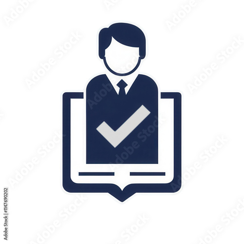 A stylized emblem featuring a person in professional attire, with a checkmark and an open book symbolizing verification or approval.