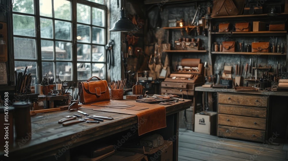 A leather artisan crafts a bag. A leather artisan crafts a bag.