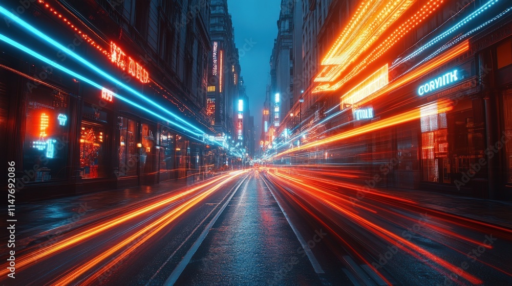Fototapeta premium Neon city street, vibrant light trails, night scene.