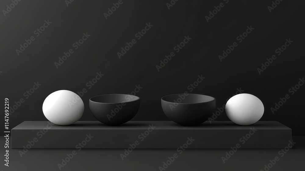 Black and white spheres and bowls on a dark platform Black and white spheres and bowls on a dark platform