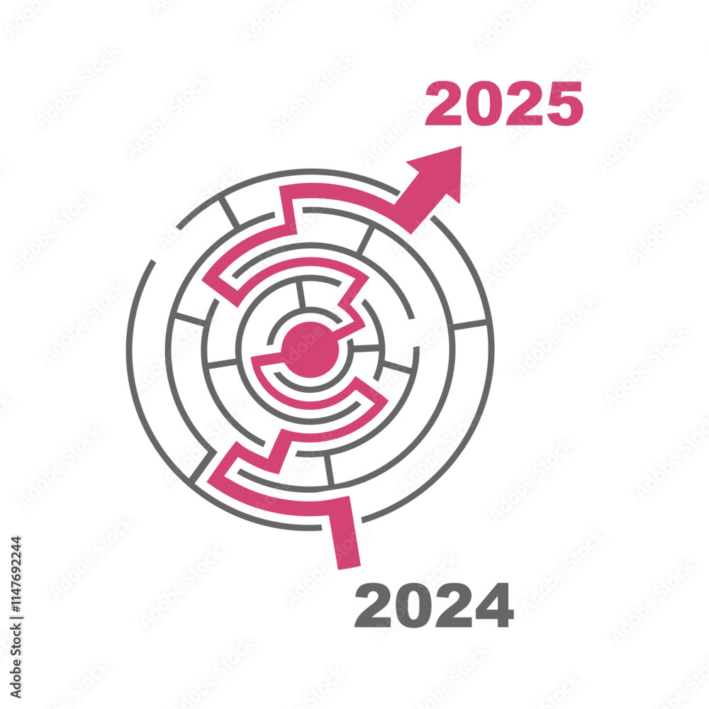 Path from 2024 to 2025 year across round labyrinth. Problem solving concept. Path from 2024 to 2025 year across round labyrinth. Problem solving concept.