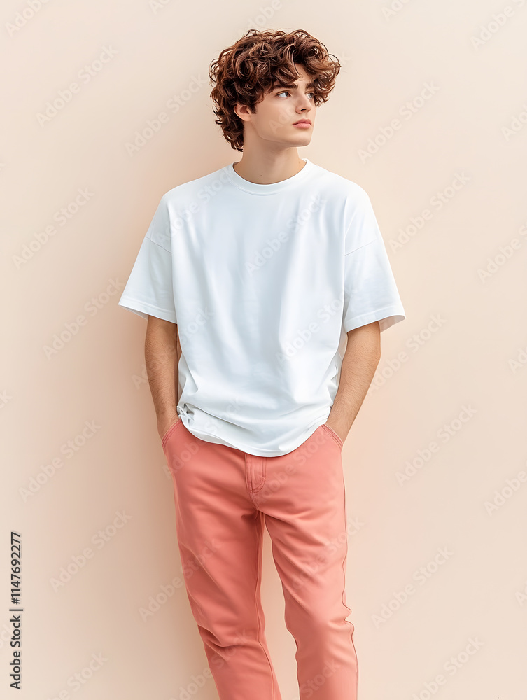 The teenager wear an oversized t-shirt and smiled casually. Take dynamic vertical photos. The teenager wear an oversized t-shirt and smiled casually. Take dynamic vertical photos.