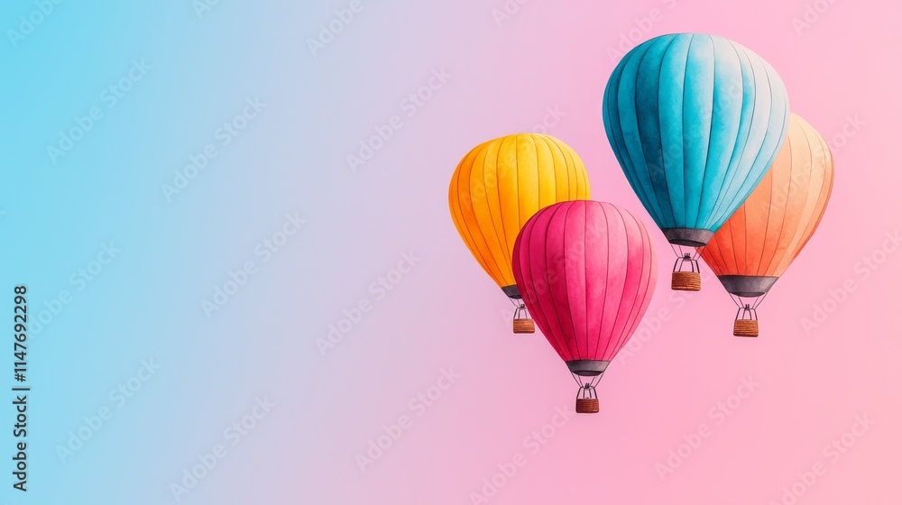 Obraz premium Colorful hot air balloons float against a pastel gradient background, evoking a sense of adventure and freedom.