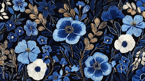 Blue floral pattern vintage ethnic modern tapestry embroidery texture boho design
