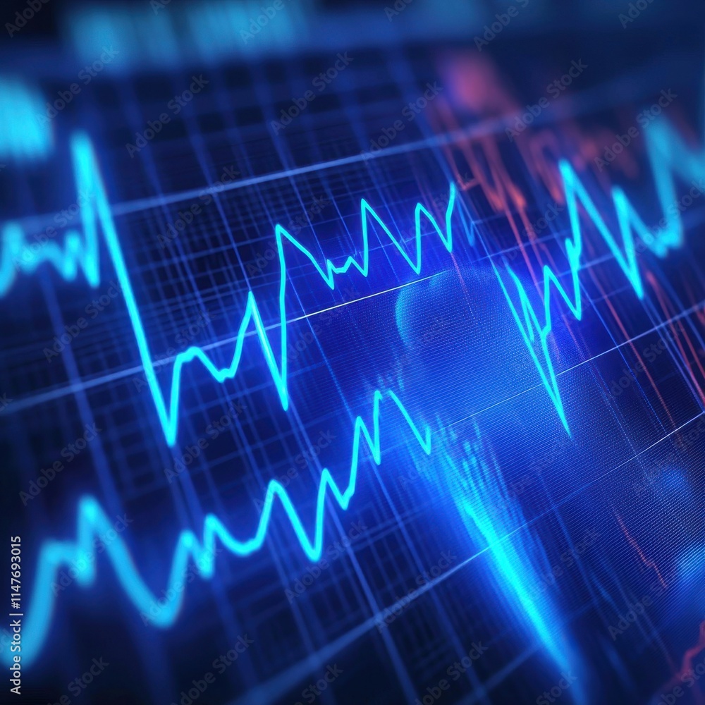 Naklejka premium Close-up of a blue digital heartbeat monitor displaying fluctuating vital signs on a sleek screen.