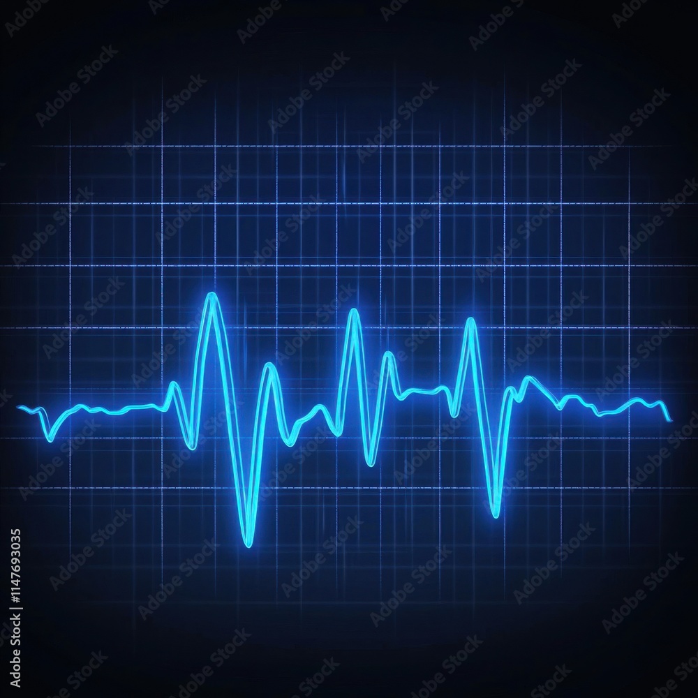 Naklejka premium A vibrant blue electrocardiogram waveform on a dark background, symbolizing health and vitality.