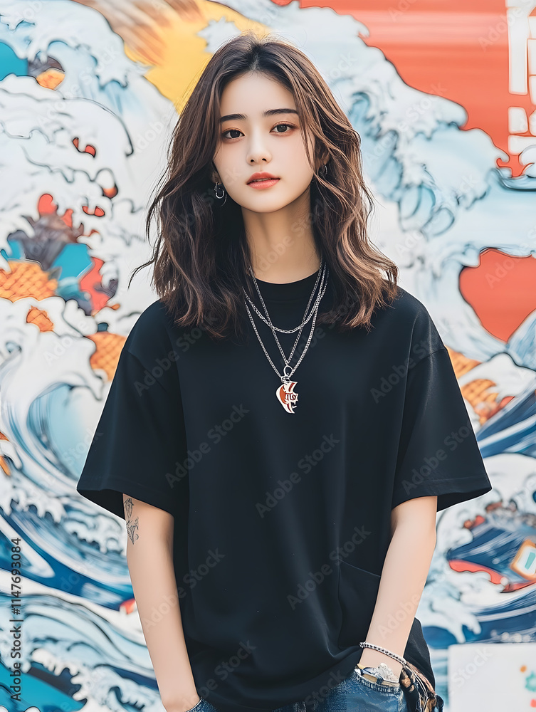 The teenager wear an oversized t-shirt and smiled casually. Take dynamic vertical photos. The teenager wear an oversized t-shirt and smiled casually. Take dynamic vertical photos.