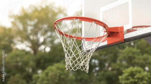 a basketball hoop with a basketball going through it and trees in the background in the daytime light of the day, Allan Brooks, process art, mesh wire, a stock photo photo