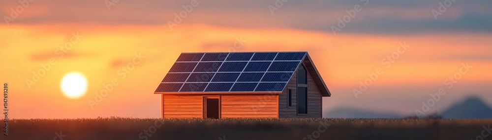Fototapeta premium Sunset Solar House Sustainable Energy Eco Friendly Home Renewable Power