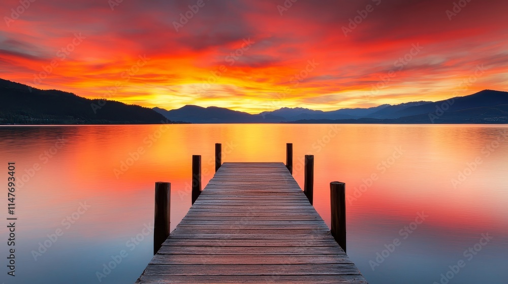 Obraz premium A serene wooden dock extends into a vibrant sunset over calm waters, surrounded by distant mountains and a colorful sky.