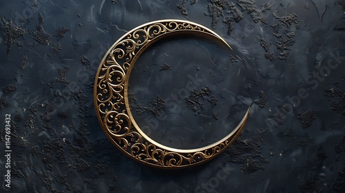 A beautifully crafted crescent moon decoration with intricate designs placed on a dark surface.