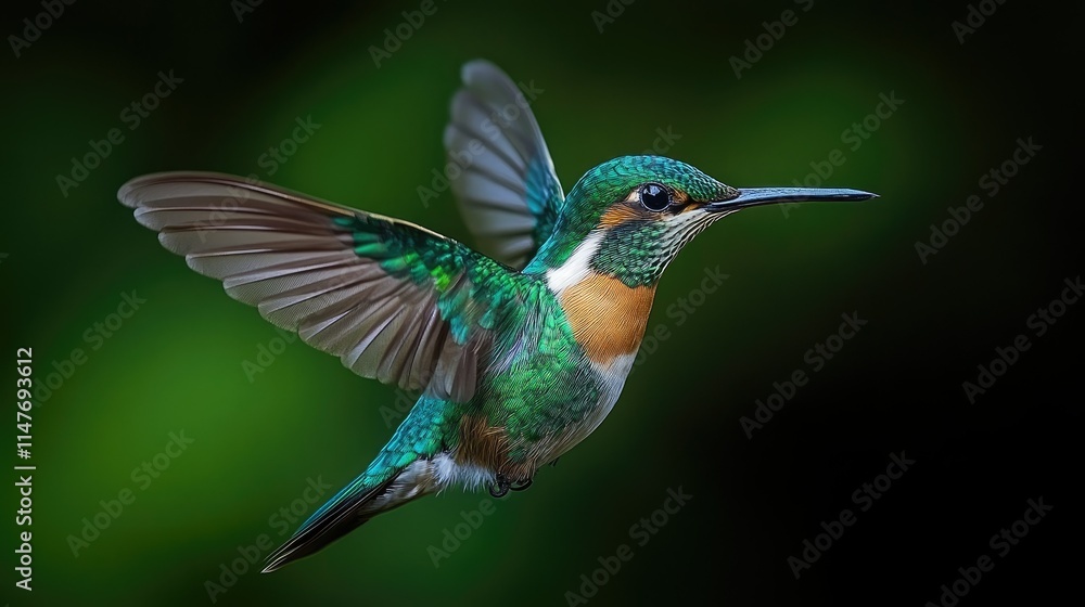 Fototapeta premium Vibrant hummingbird in flight against a dark green background.