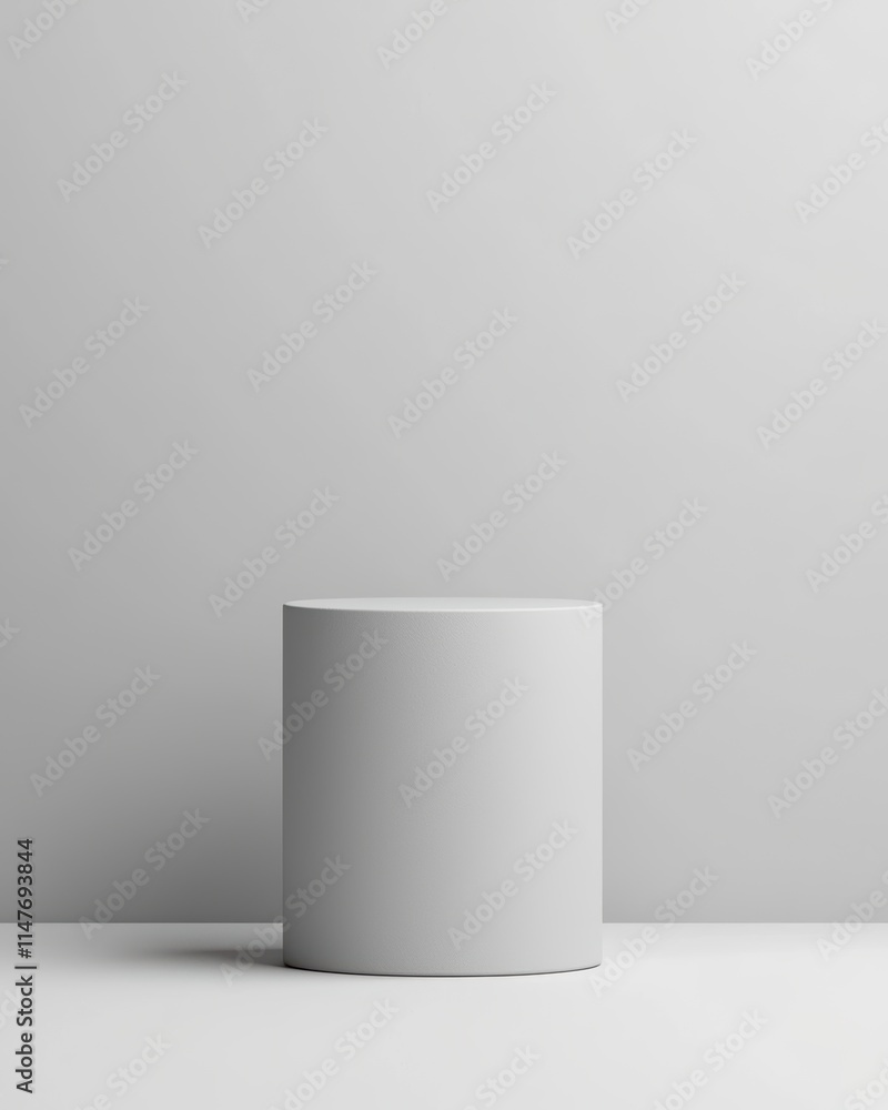 Minimalist cylindrical platform against a soft gray background for product display. Minimalist cylindrical platform against a soft gray background for product display.
