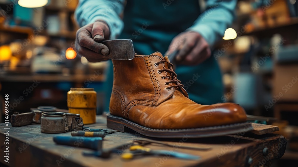A skilled shoemaker polishing leather. A skilled shoemaker polishing leather.