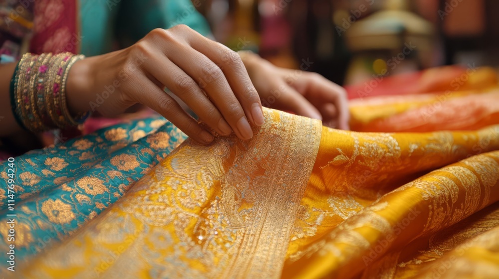 A tailor stitching a vibrant scarf. A tailor stitching a vibrant scarf.