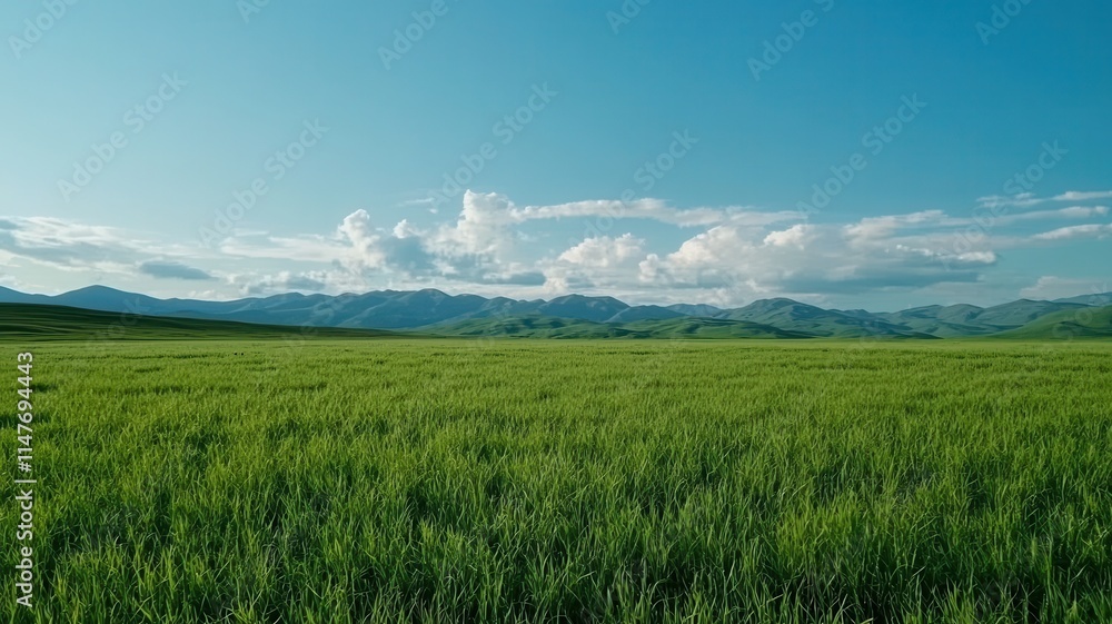 Serene Green Meadow Landscape Mountains Sky Clouds Grass Nature Field Rural Scenery Countryside Serene Green Meadow Landscape Mountains Sky Clouds Grass Nature Field Rural Scenery Countryside