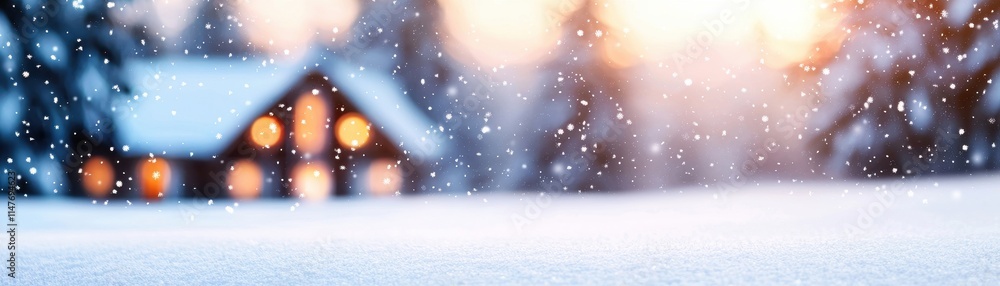 Fototapeta premium Cozy Winter Wonderland Snowy House Falling Snow Sunset Background