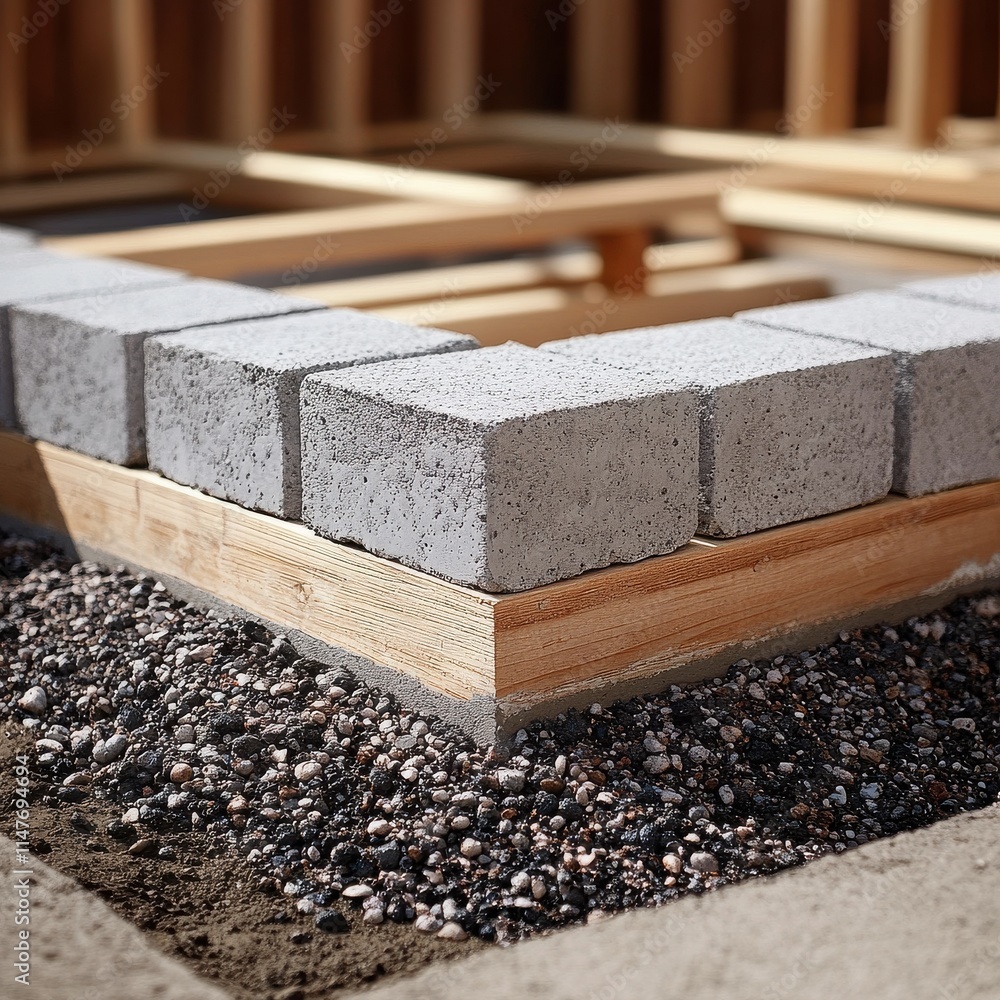 Close-up of a corner foundation with concrete blocks and wooden framing in a construction site. Close-up of a corner foundation with concrete blocks and wooden framing in a construction site.