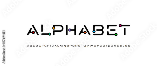 Font alphabet with multi-colored dots, letters A, B, C, D, E, F, G, H, I, J, K, L, M, N, O, P, Q, R, S, T, U, V, W, X, Y, Z and numerals 0, 1, 2, 3, 4, 5, 6, 7, 8, 9, vector illustration 10EPS