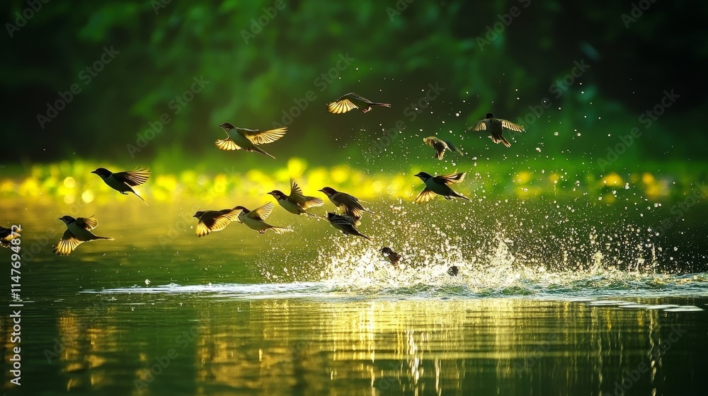 Fototapeta premium Birds in flight over sparkling waters in a lush green landscape