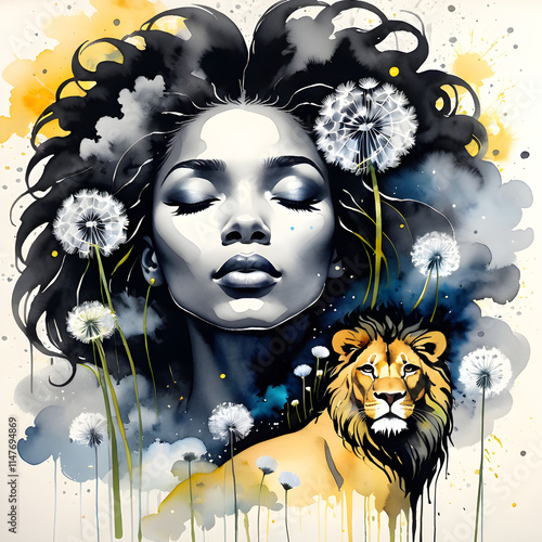 A breathtaking hand-drawn ink and watercolor painting of a stunningly beautiful black woman peacefully sleeping in a dandelion meadow. Surrounded by dense clouds, the face of a majestic dandelion emer photo