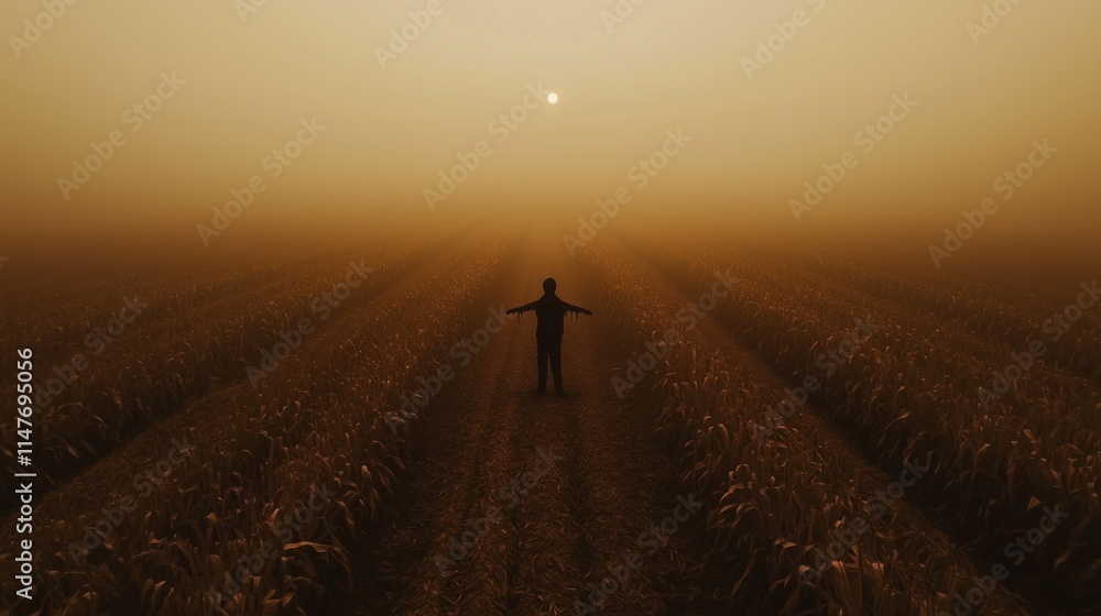 Silhouette of a Figure in a Foggy Cornfield at Sunrise with a Golden Haze
Silhouette of a Figure in a Foggy Cornfield at Sunrise with a Golden Haze