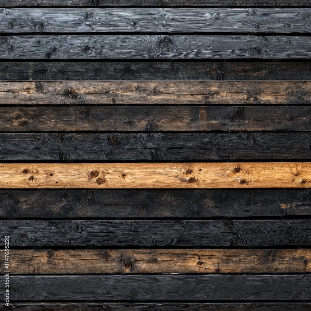 A textured wooden wall featuring dark and light planks, creating a striking contrast in colors and patterns. A textured wooden wall featuring dark and light planks, creating a striking contrast in colors and patterns.