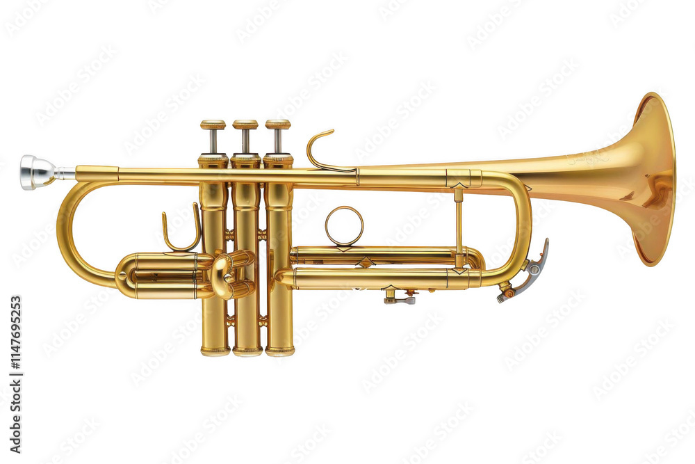 Obraz premium Shining Brass Trumpet Creates Harmony with Musical Instruments, Polished Brass Trumpet Sounds with Music Concept.