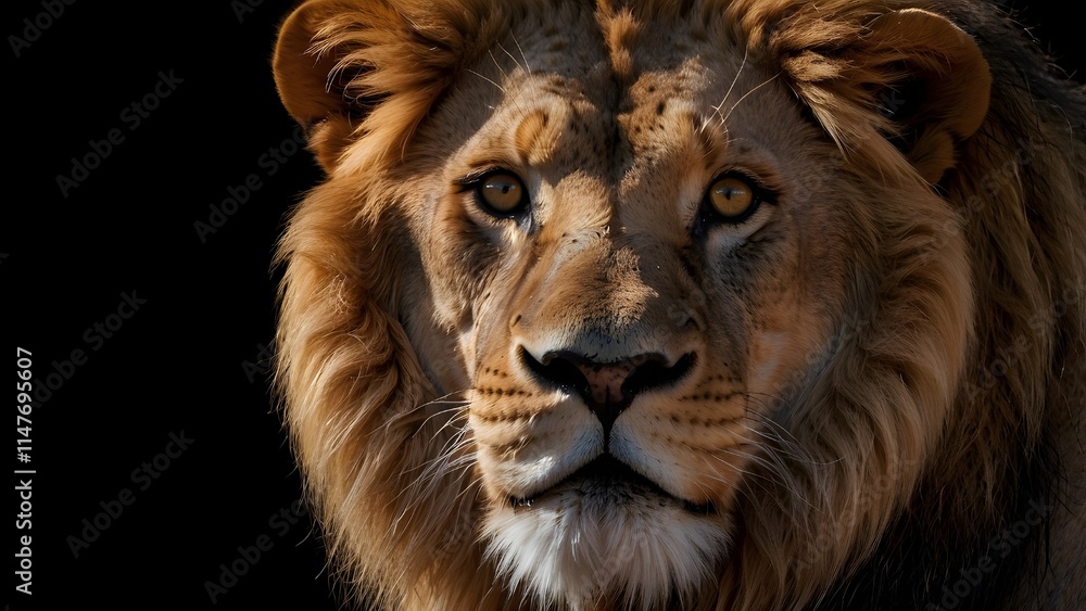 Front view portrait of a lion on black background, Africa wildlife
Front view portrait of a lion on black background, Africa wildlife