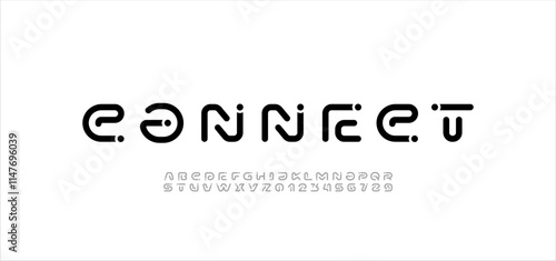 Font digital cyber alphabet with point, trendy letters A, B, C, D, E, F, G, H, I, J, K, L, M, N, O, P, Q, R, S, T, U, V, W, X, Y, Z and numerals 0, 1, 2, 3, 4, 5, 6, 7, 8, 9