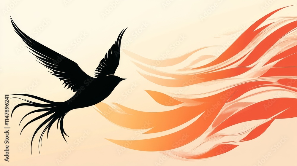 Fototapeta premium Silhouette of soaring bird and vibrant abstract flames on a soft background