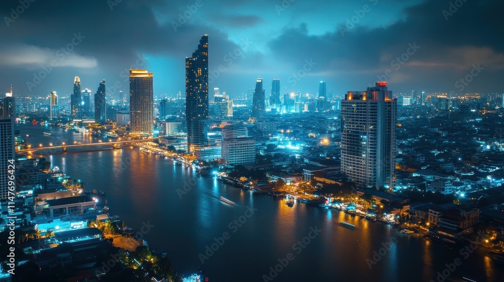 Fototapeta premium Nighttime Cityscape Illuminated Skyscrapers Riverfront View