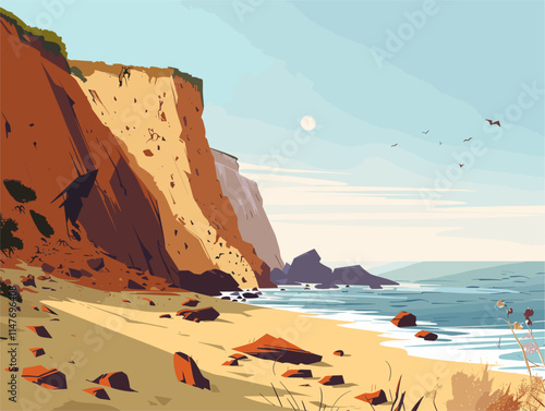 Geometric Illustration of Coastal Bluffs: Erosion Shaping Animated Landscape