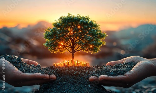 A glowing tree nurtured by hands, symbolizing growth and hope.