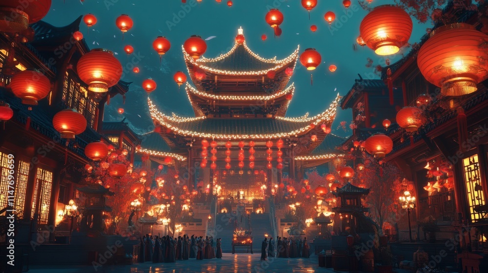 Fototapeta premium Traditional asian festival with lanterns and illuminated pagoda at night