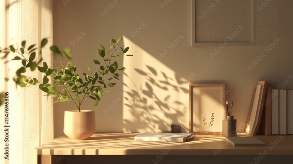 Fototapeta premium Sunlit Wooden Desk with Plant, Books, and Frames – Calm Home Office Scene