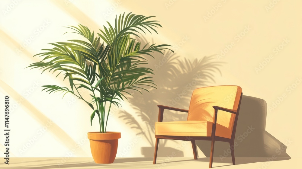 Sunlit Room with Palm Plant, Yellow Armchair, and Shadow Play Sunlit Room with Palm Plant, Yellow Armchair, and Shadow Play