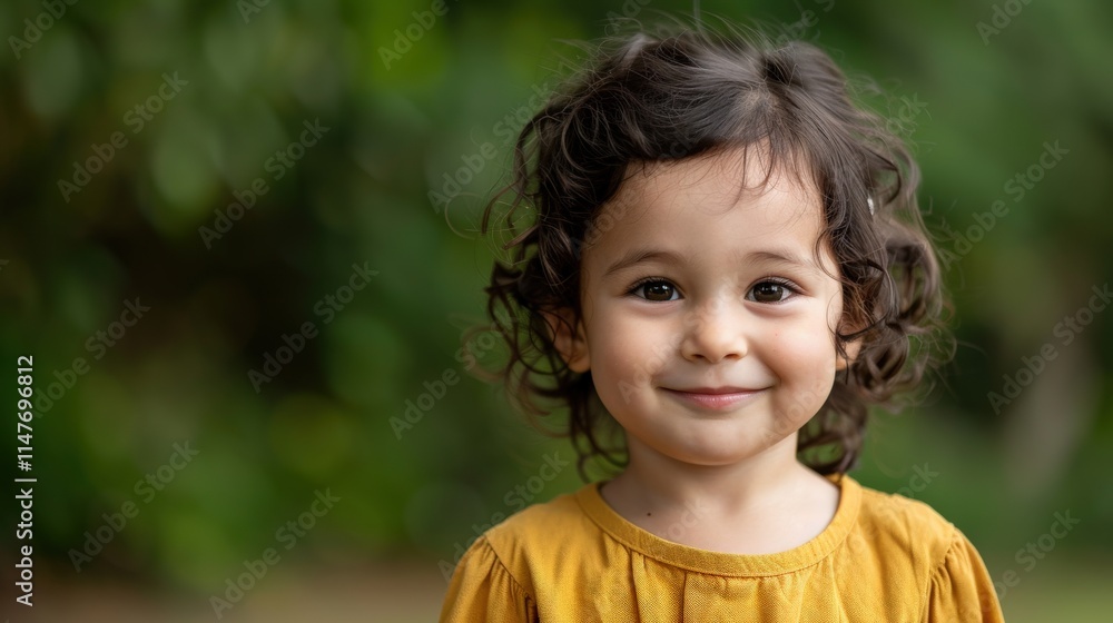 A cheerful young girl with curly hair smiles brightly in a natural, green background, wearing a mustard-colored dress. A cheerful young girl with curly hair smiles brightly in a natural, green background, wearing a mustard-colored dress.