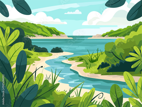 Estuaries: A Symbiosis of River and Sea, Unveiled in Vibrant Vector Art