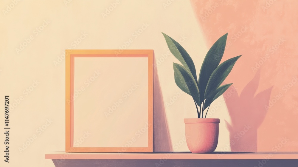 Pastel-Colored Room with Empty Frame, Potted Plant, Shelf, and Sunlight Shadow Pastel-Colored Room with Empty Frame, Potted Plant, Shelf, and Sunlight Shadow