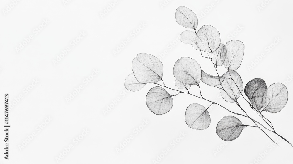 Obraz premium Delicate Hand-Drawn Eucalyptus Branch with Intricate Leaf Details on White Background, Botanical Illustration