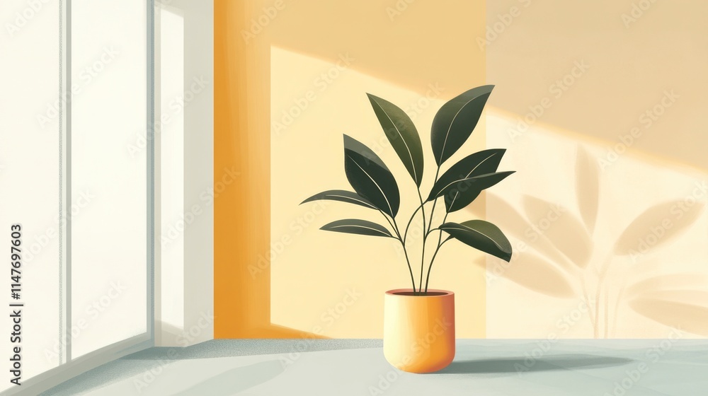 Sunlit Corner: Yellow Potted Plant in Minimalist Room Sunlit Corner: Yellow Potted Plant in Minimalist Room