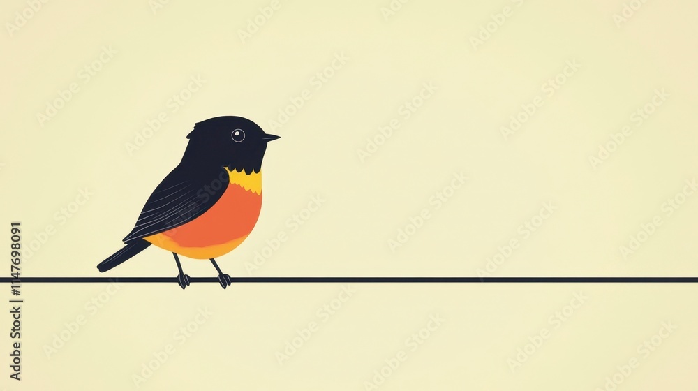 Fototapeta premium Happy Orange-Breasted Bird Perched on Wire Against Pale Yellow Background, Copy Space