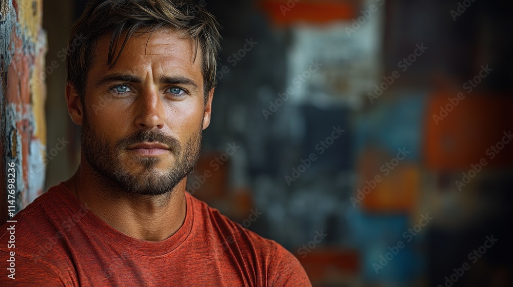 Portrait of a handsome man with blue eyes and beard, leaning against a wall. Portrait of a handsome man with blue eyes and beard, leaning against a wall.