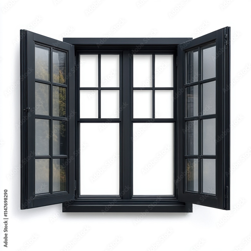 Obraz premium A stylish black window with open frames, offering a view of the outdoors and allowing natural light to enter.
