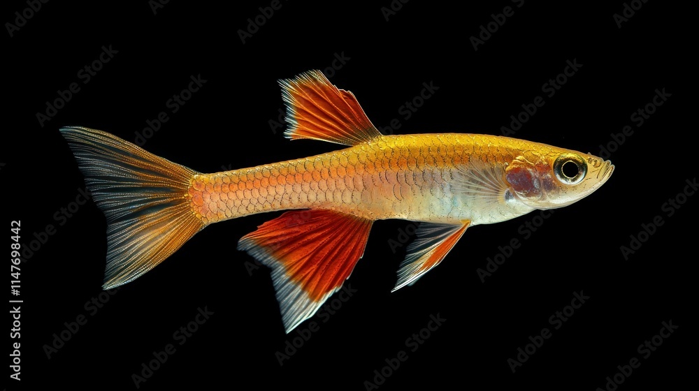 Fototapeta premium Golden Orange Fish With Striking Fins Against Black Background