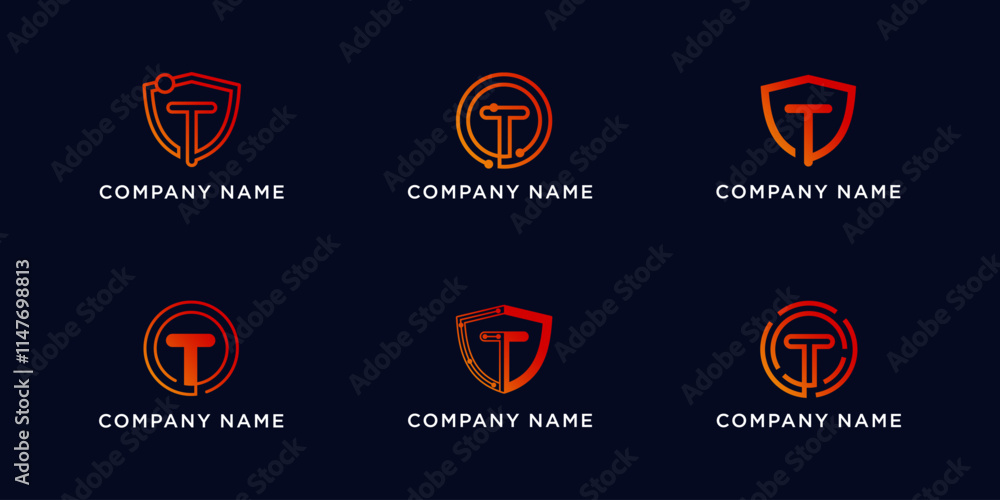 Set bundle letters T with shield and circle tech logo design Set bundle letters T with shield and circle tech logo design