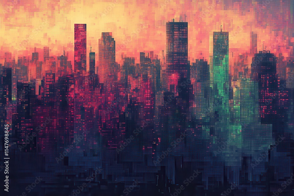 Pixelated City Skyline with a Warm Sunset Glow Pixelated City Skyline with a Warm Sunset Glow