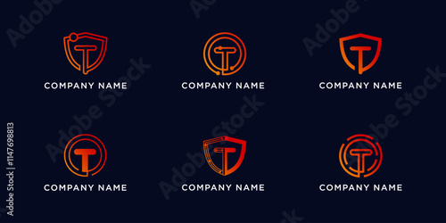 Set bundle letters T with shield and circle tech logo design