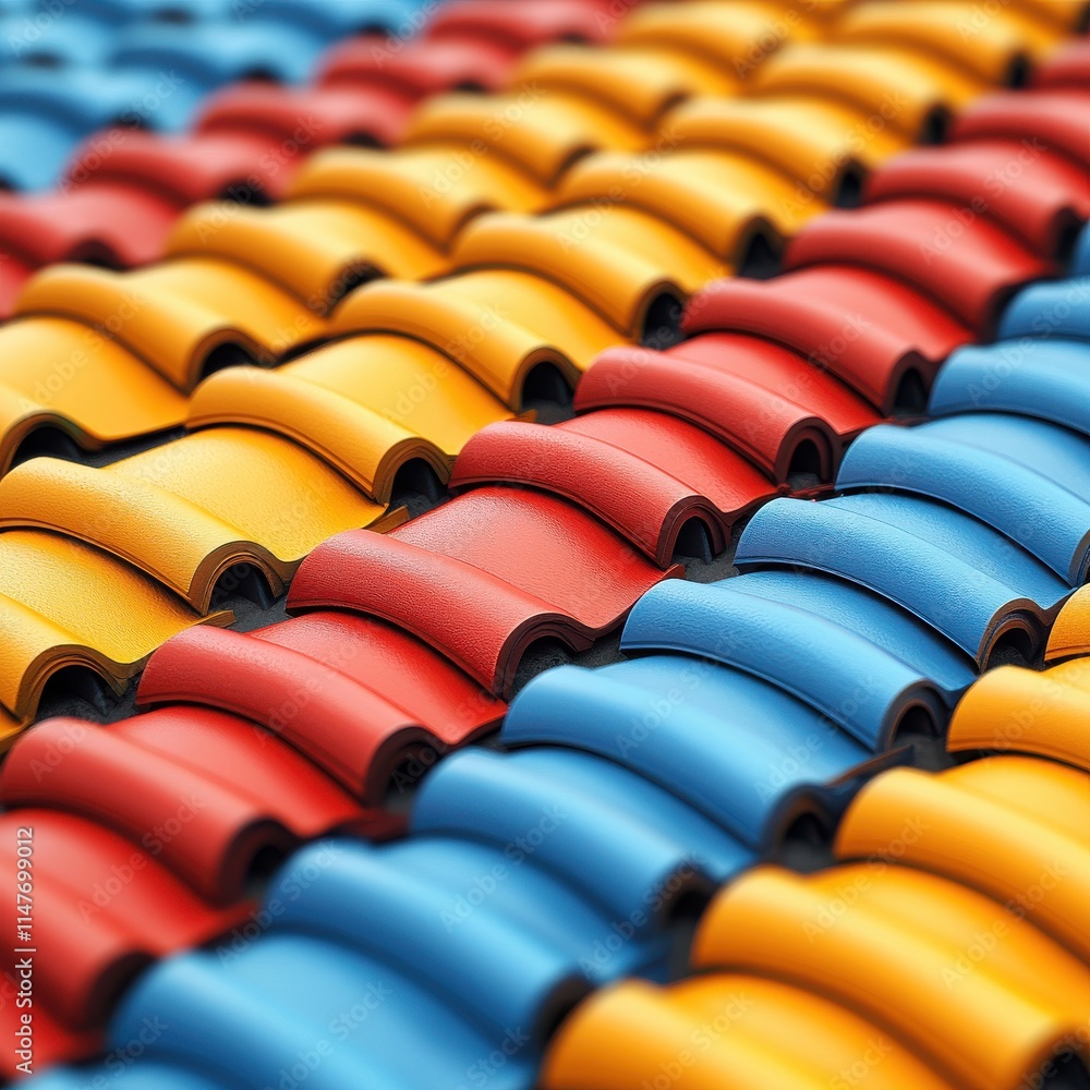 Fototapeta premium Colorful patterned tiles in red, yellow, and blue create a vibrant and playful surface.